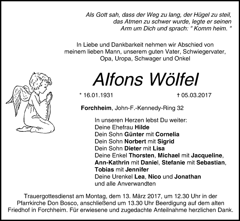  Traueranzeige für Alfons Wölfel vom 10.03.2017 aus MGO
