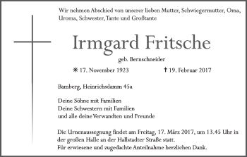 Anzeige von Irmgard Fritsche von MGO