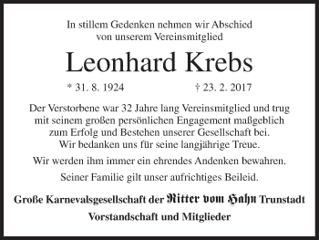 Anzeige von Leonhard Krebs von MGO