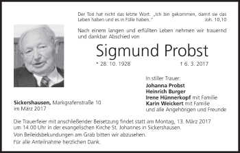Anzeige von Sigmund Probst von MGO