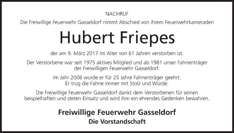  Traueranzeige für Hubert Friepes vom 14.03.2017 aus MGO