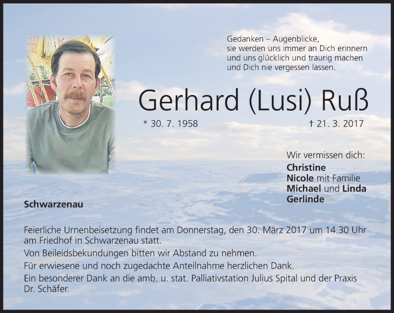 Traueranzeige für Gerhard Lusi Ruß vom 28.03.2017 aus MGO