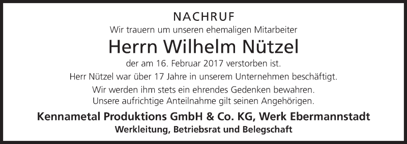  Traueranzeige für Wilhelm Nützel vom 03.03.2017 aus MGO