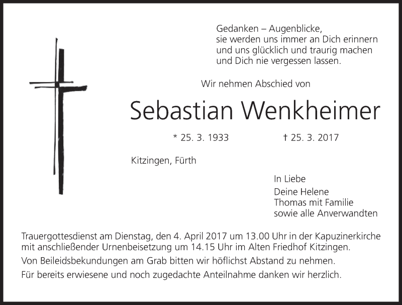  Traueranzeige für Sebastian Wenkheimer vom 31.03.2017 aus MGO