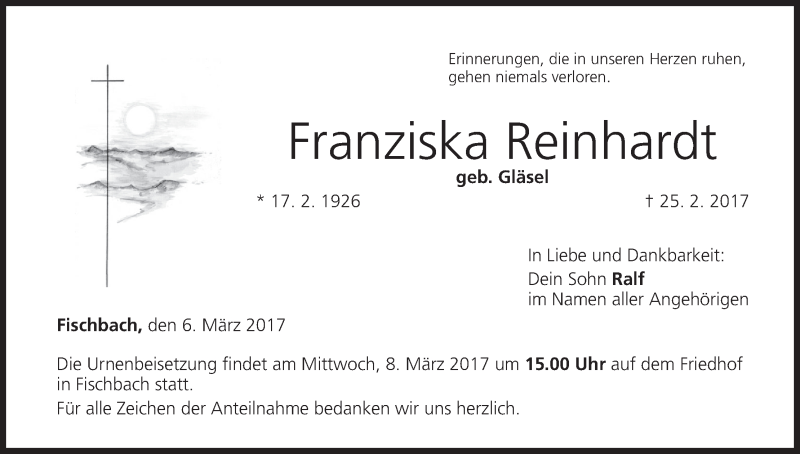  Traueranzeige für Franziska Reinhardt vom 06.03.2017 aus MGO