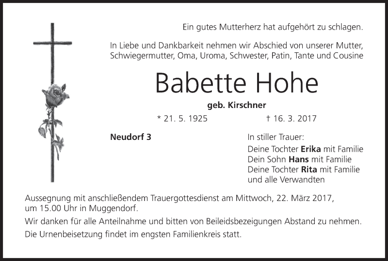  Traueranzeige für Babette Hohe vom 18.03.2017 aus MGO