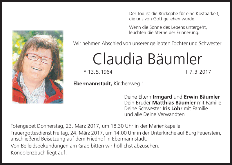  Traueranzeige für Claudia Bäumler vom 22.03.2017 aus MGO