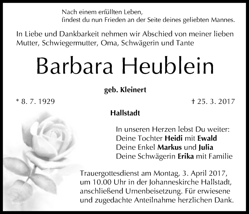  Traueranzeige für Barbara Heublein vom 31.03.2017 aus MGO