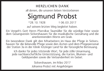 Anzeige von Sigmund Probst von MGO