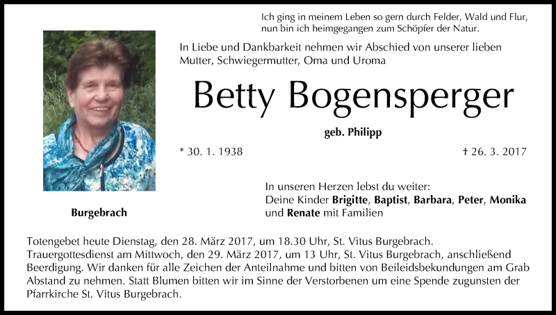  Traueranzeige für Betty Bogensperger vom 28.03.2017 aus MGO
