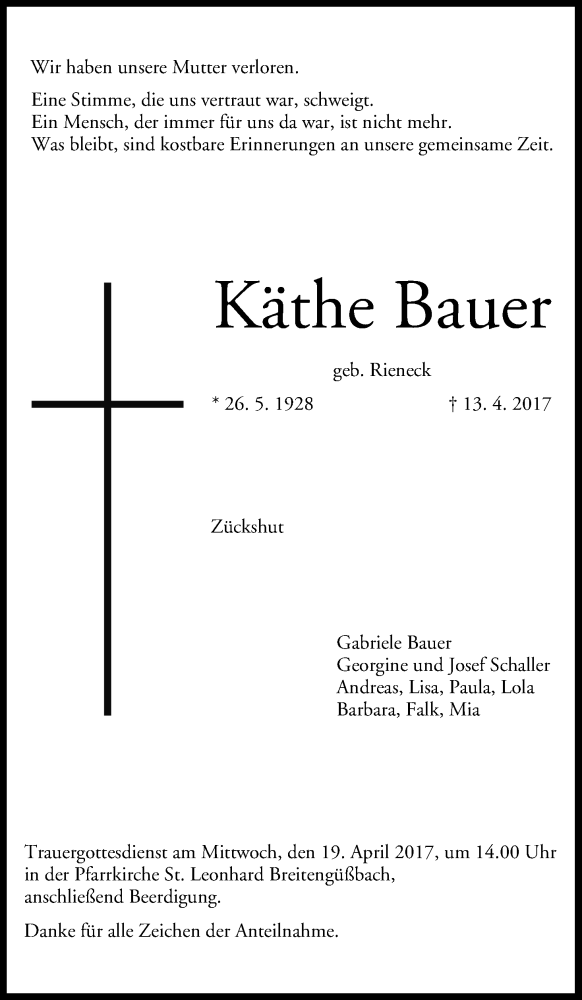  Traueranzeige für Käthe Bauer vom 18.04.2017 aus MGO