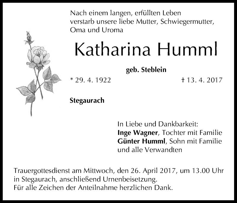  Traueranzeige für Katharina Humml vom 22.04.2017 aus MGO