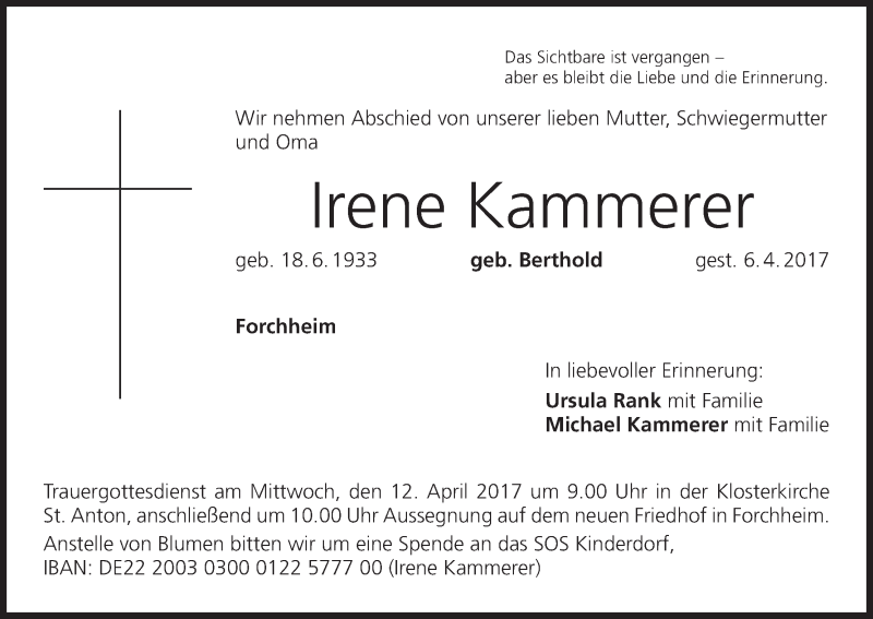  Traueranzeige für Irene Kammerer vom 08.04.2017 aus MGO