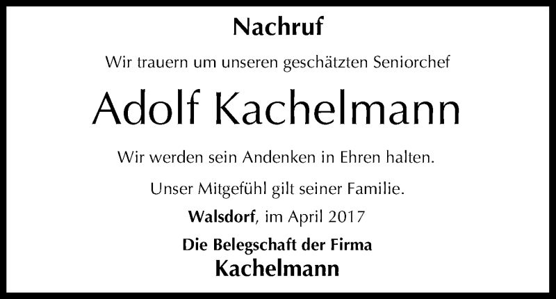  Traueranzeige für Adolf Kachelmann vom 15.04.2017 aus MGO