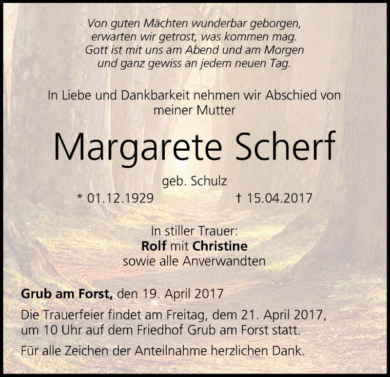  Traueranzeige für Margarete Scherf vom 19.04.2017 aus MGO