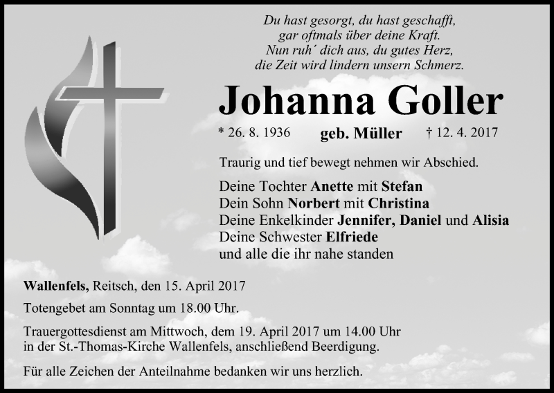  Traueranzeige für Johanna Goller vom 15.04.2017 aus MGO