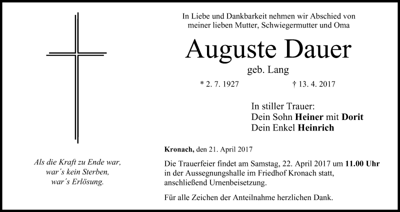  Traueranzeige für Auguste Dauer vom 21.04.2017 aus MGO