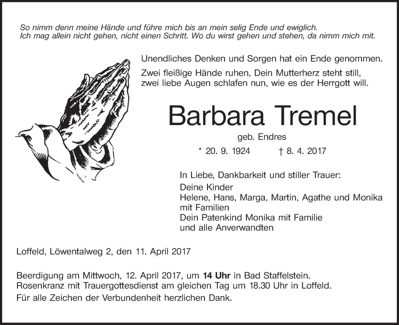  Traueranzeige für Barbara Tremel vom 11.04.2017 aus MGO