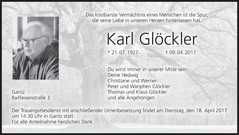  Traueranzeige für Karl Glöckler vom 15.04.2017 aus MGO