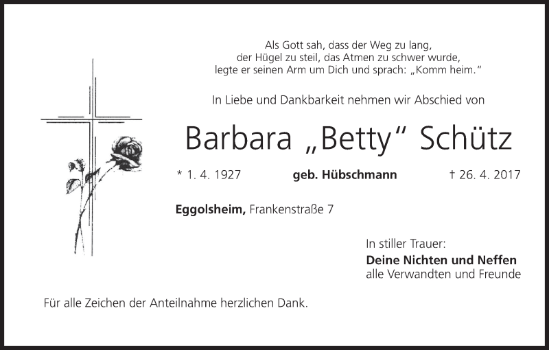  Traueranzeige für Barbara Schütz vom 29.04.2017 aus MGO
