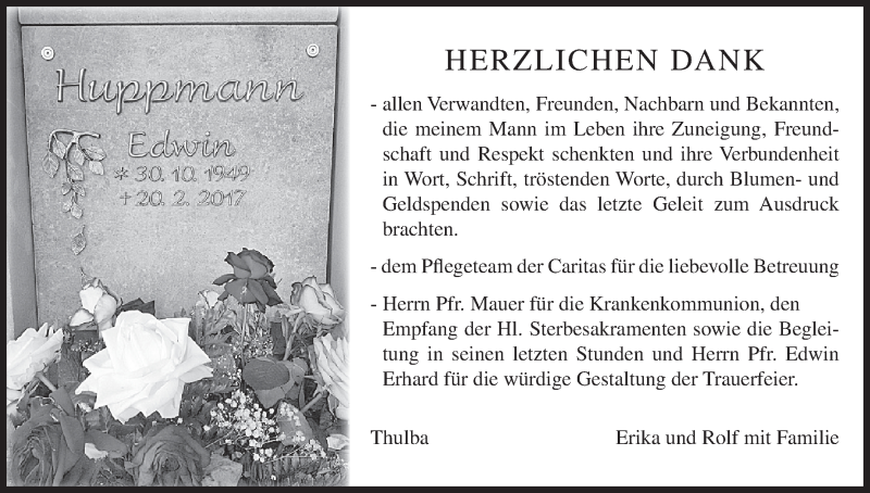  Traueranzeige für Edwin Huppmann vom 08.04.2017 aus MGO