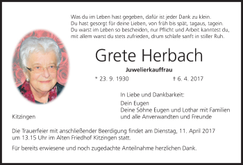 Anzeige von Grete Herbach von MGO