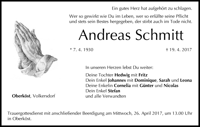  Traueranzeige für Andreas Schmitt vom 22.04.2017 aus MGO