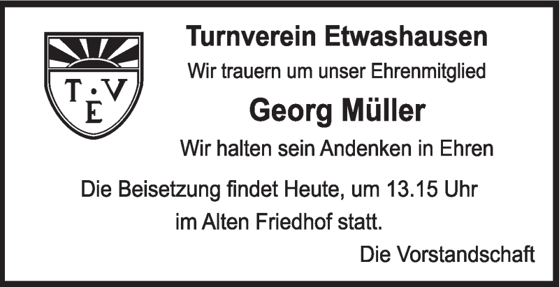  Traueranzeige für Georg Müller vom 21.04.2017 aus MGO