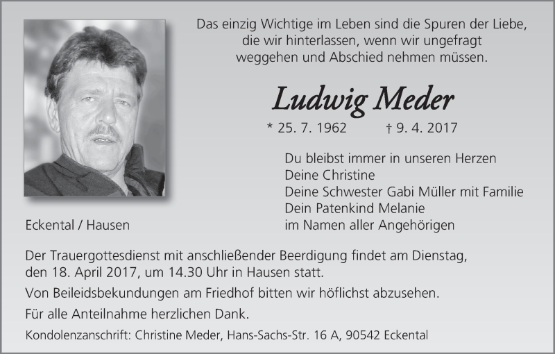  Traueranzeige für Ludwig Meder vom 15.04.2017 aus MGO