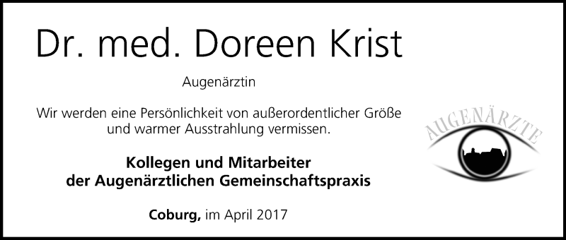  Traueranzeige für Doreen Krist vom 19.04.2017 aus MGO