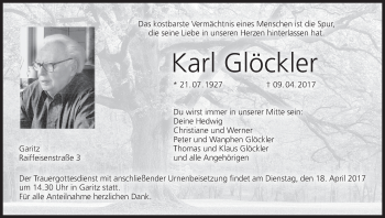 Anzeige von Karl Glöckler von MGO