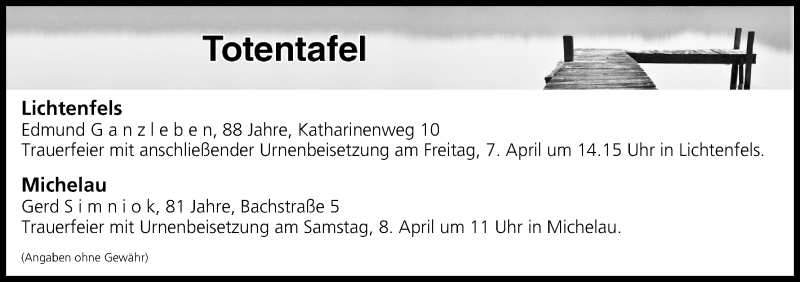  Traueranzeige für Totentafel vom 06.04.2017 vom 06.04.2017 aus MGO