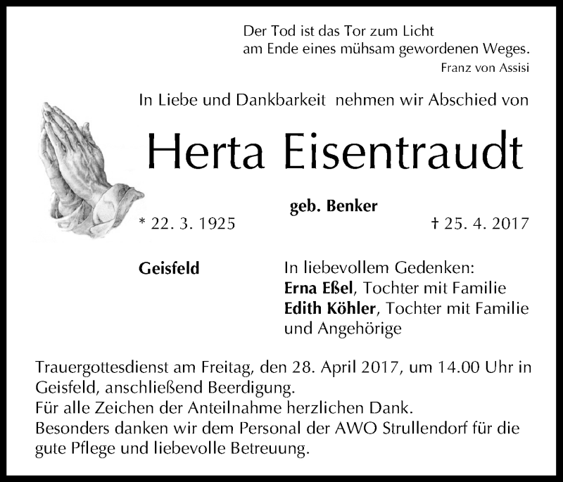  Traueranzeige für Herta Eisentraudt vom 27.04.2017 aus MGO