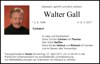 Anzeige von Walter Gall von MGO