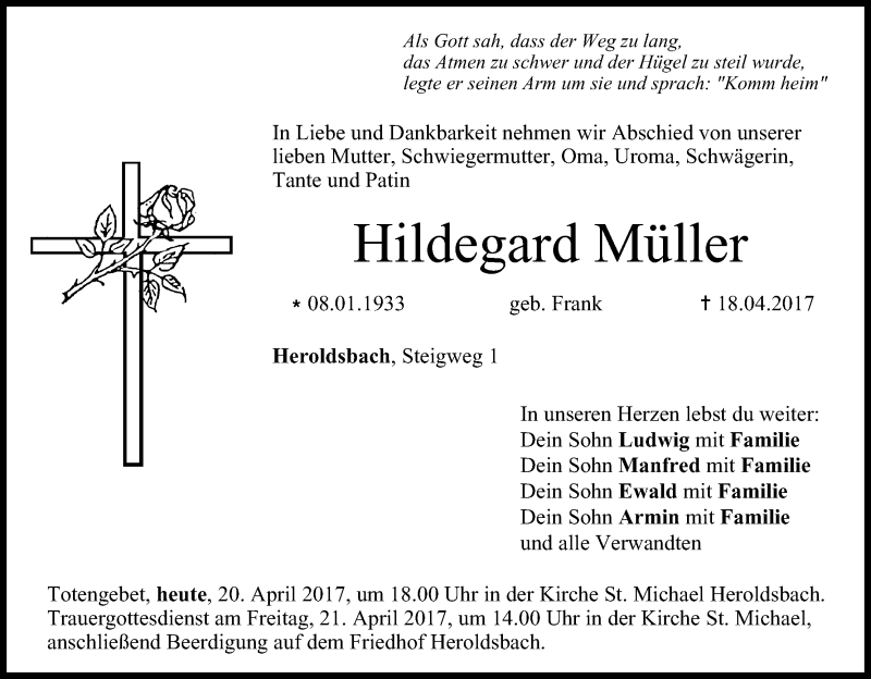  Traueranzeige für Hildegard Müller vom 20.04.2017 aus MGO