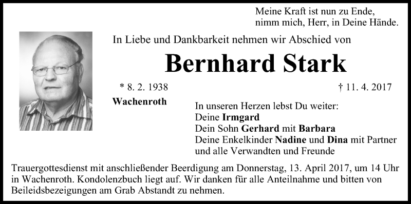  Traueranzeige für Bernhard Stark vom 12.04.2017 aus MGO