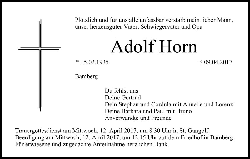  Traueranzeige für Adolf Horn vom 11.04.2017 aus MGO