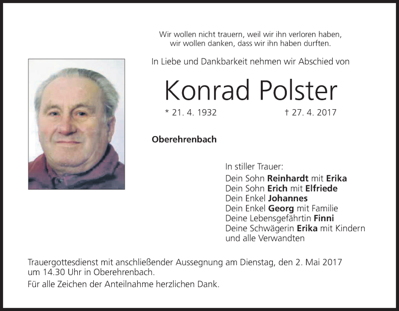  Traueranzeige für Konrad Polster vom 29.04.2017 aus MGO