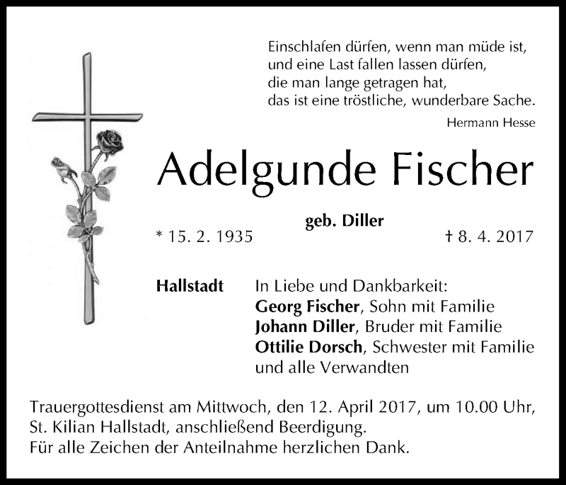  Traueranzeige für Adelgunde Fischer vom 10.04.2017 aus MGO