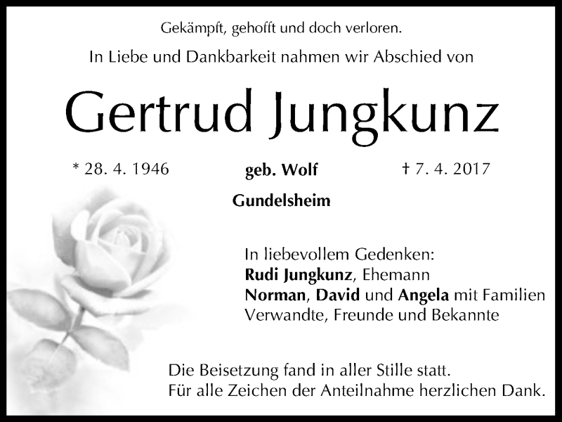  Traueranzeige für Gertrud Jungkunz vom 15.04.2017 aus MGO