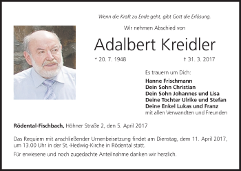 Anzeige von Adalbert Kreidler von MGO