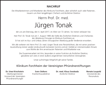 Anzeige von Jürgen Tonak von MGO