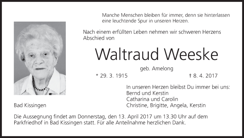  Traueranzeige für Waltraud Weeske vom 11.04.2017 aus MGO