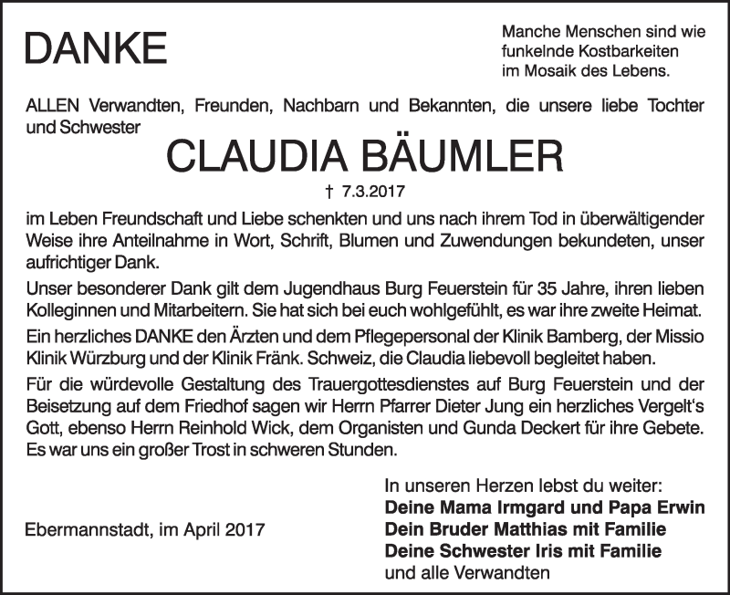  Traueranzeige für Claudia Bäumler vom 08.04.2017 aus MGO