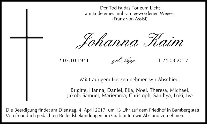  Traueranzeige für Johanna Kaim vom 01.04.2017 aus MGO