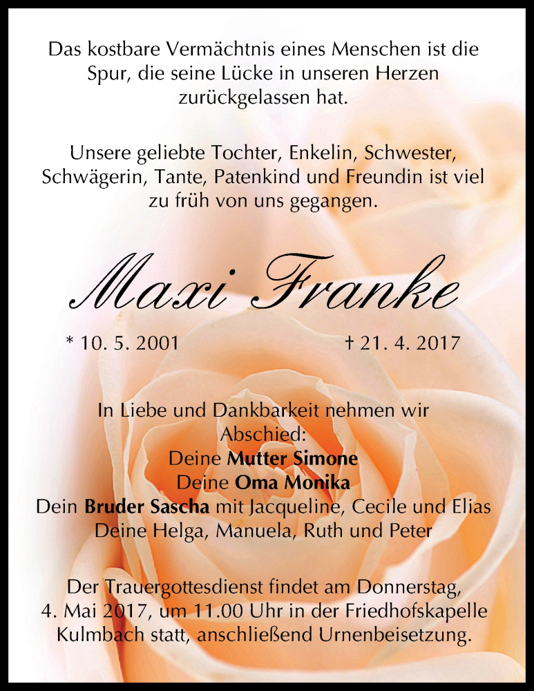 Traueranzeige für Maxi Franke vom 29.04.2017 aus MGO