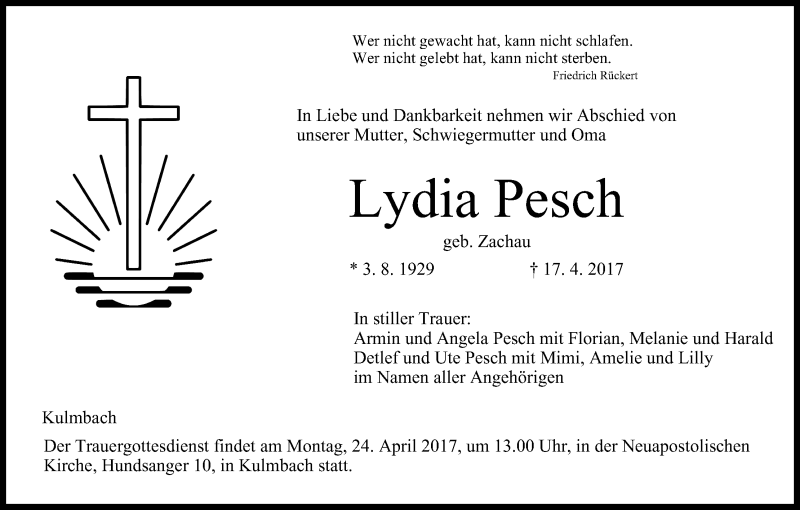  Traueranzeige für Lydia Pesch vom 21.04.2017 aus MGO