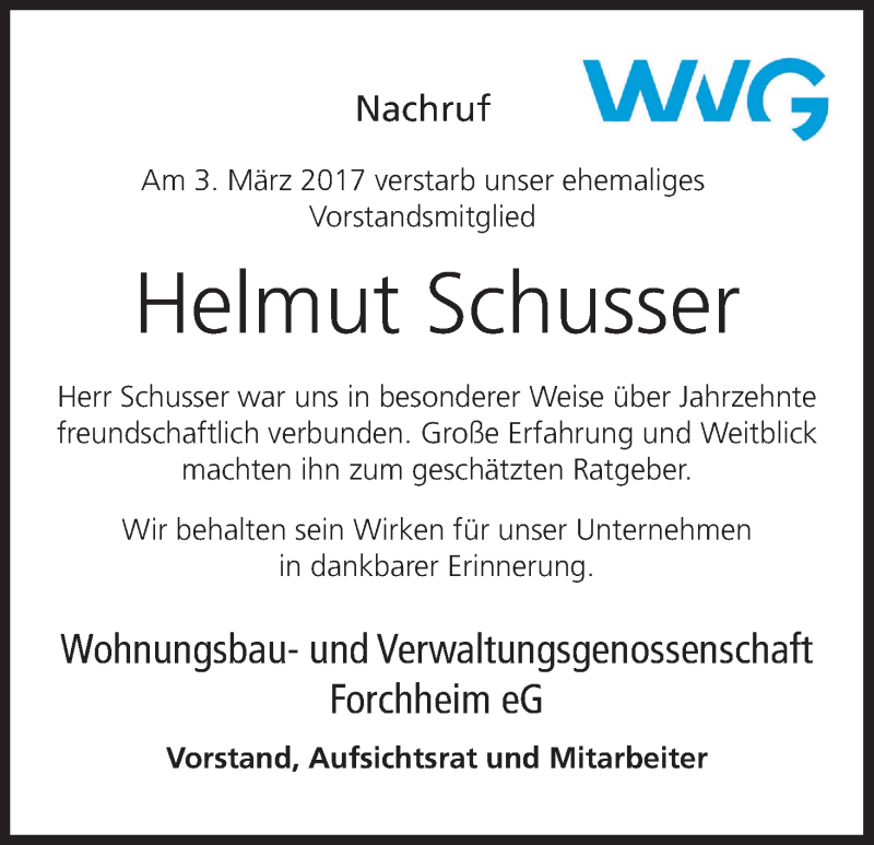  Traueranzeige für Helmut Schusser vom 04.04.2017 aus MGO