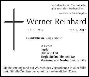 Anzeige von Werner Reinhard von MGO