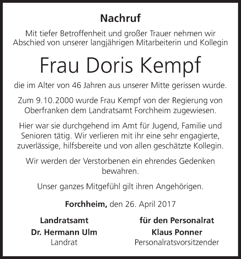  Traueranzeige für Doris Kempf vom 27.04.2017 aus MGO